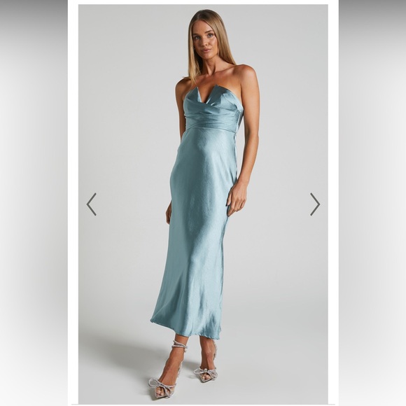 JASLYNN MIDI DRESS - STRAPLESS V NECK SATIN DRESS IN ICE BLUE - Picture 1 of 9